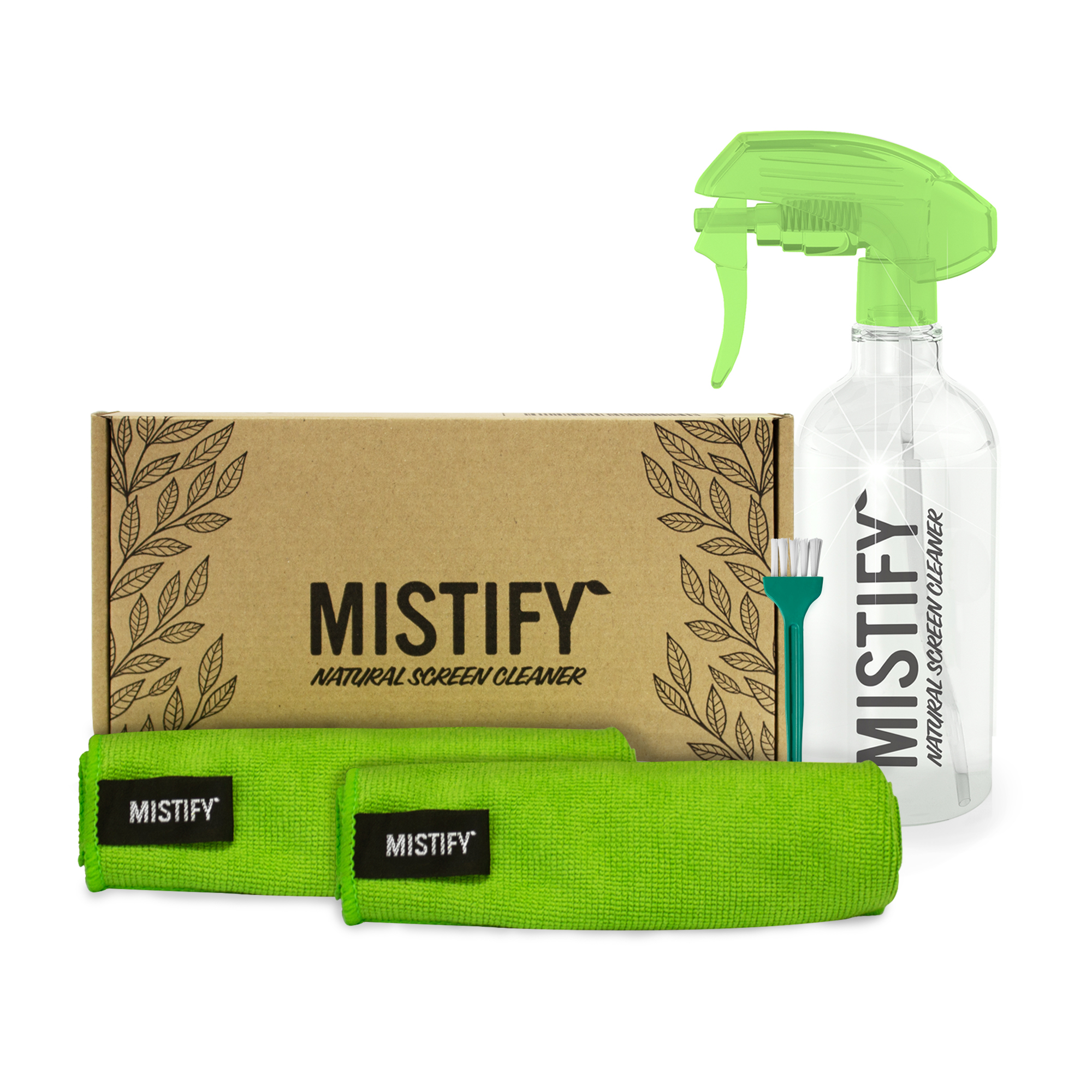 Mistify Natural Screen Cleaner Kit, 500ml with 2 x microfibre cloths and cleaning brush.